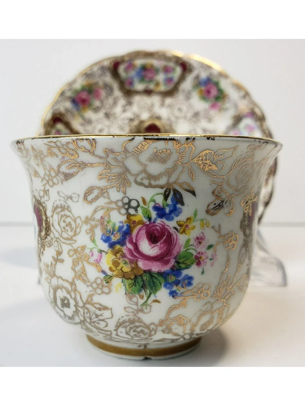 Vintage James Kent Demitasse Teacup & Saucer Pompadour England Gold Floral